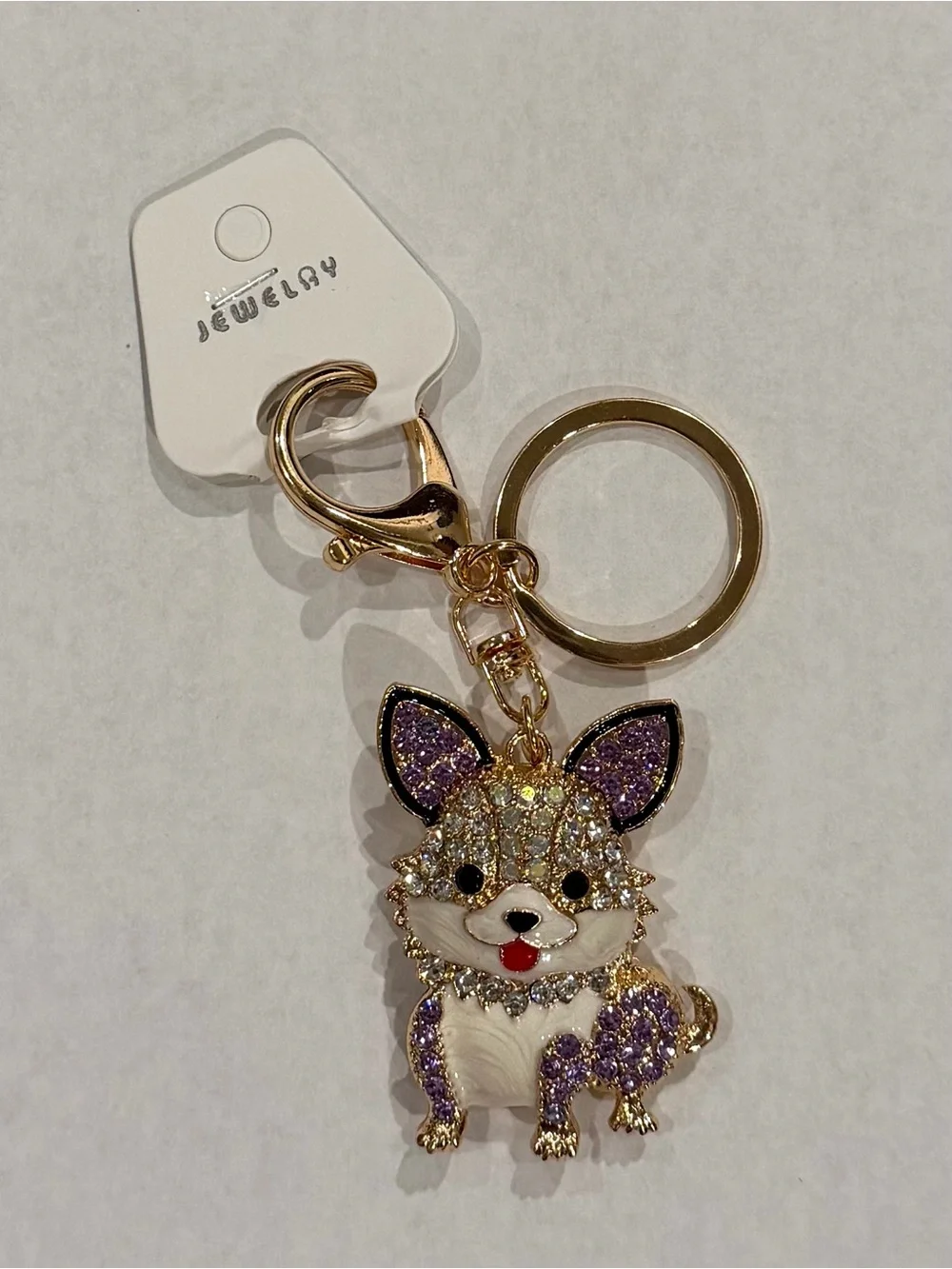 NWT Rhinestone Corgi Dog Keychain Bag Charm Purple Gold